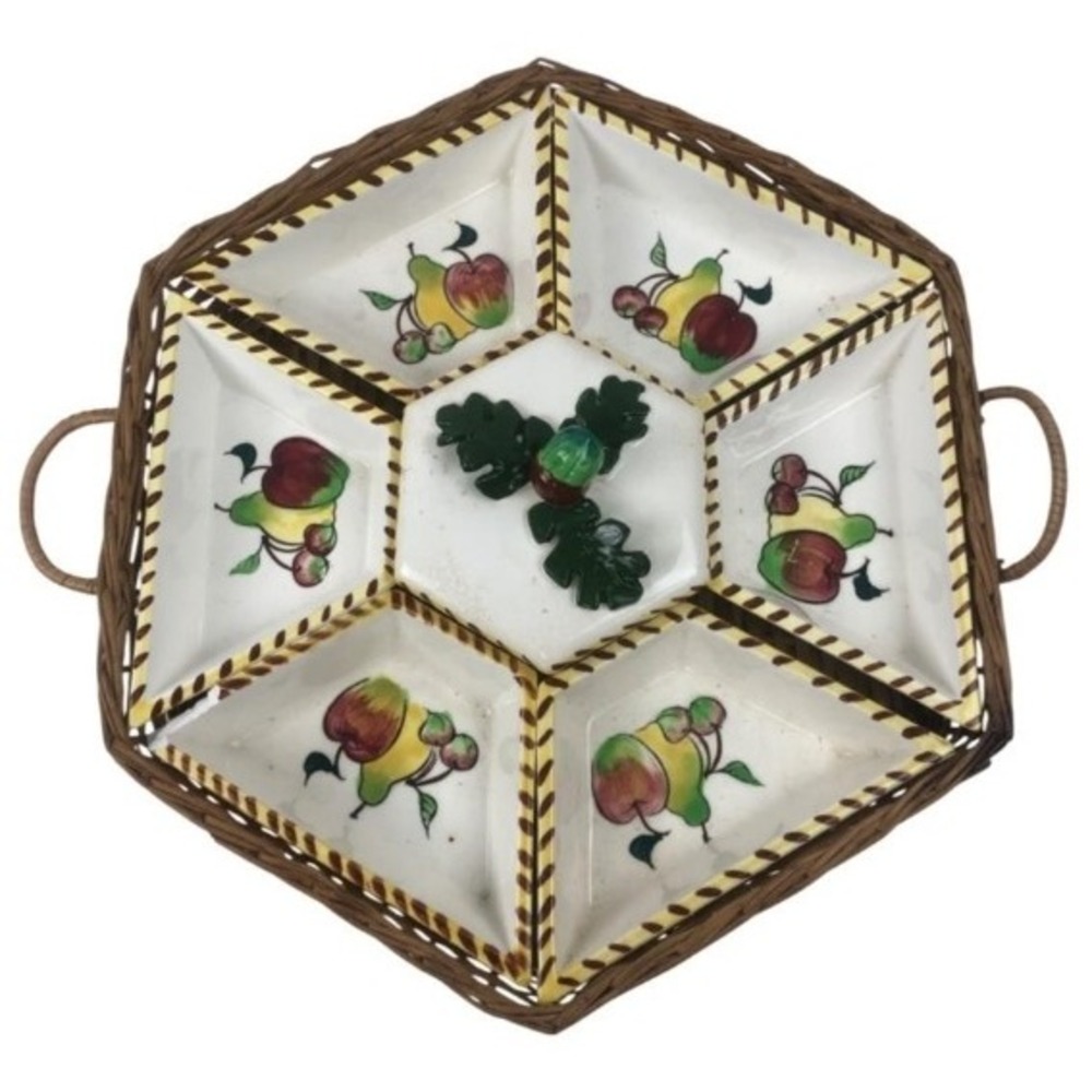 Vintage Japan Ceramic Sectional Relish Dish Woven Basket Fruit Acorn Lid 7 Pc
